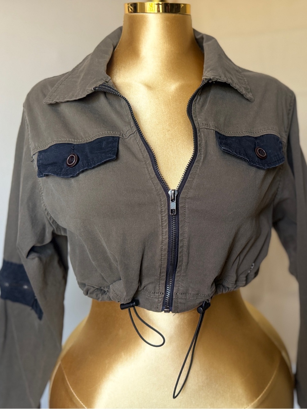 Cropped Olive Utility Zip Jacket with black Accents